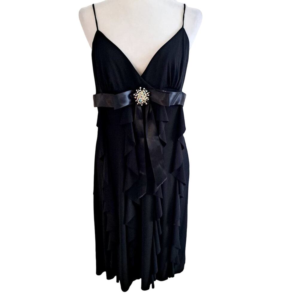 Betsy & Adam Ruffled Spaghetti Strap Dress with Rhinestone Pin